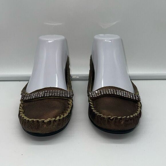 Beverly Feldman Flushed Vintage Metallic Rhinestone Kitten Heel Loafers - Picture 9 of 12